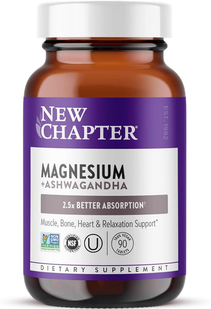 New Chapter Magnesium + Ashwagandha Supplement, 325 mg with Magnesium Glycinate, 2.5x Absorption, Muscle Recovery, Heart & Bone Health, Calm & Relaxation, Gluten Free, Non-GMO - 90 ct (3 Month Supply)