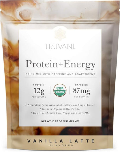 Truvani Protein + Energy Drink Mix with 87mg Caffeine | Vanilla Latte | 12g Organic Plant Based Protein | 20 Servings | USDA Organic Coffee Powder & Adaptogens | Gluten & Dairy Free | Vegan | Non-GMO