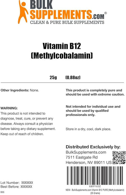 BulkSupplements.com Pure Vitamin B12 Methylcobalamin Powder - Vitamin B12 Supplements, Essential B Vitamin - Pure Product, Multiple Servings, 25g (0.88 oz) (Pack of 1)