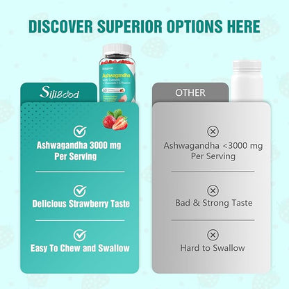 Ashwagandha Gummies with L-theanine, 3000mg Ashwa Root Supplement Gummy for Women Men, 60 Strawberry Flavored Gummies