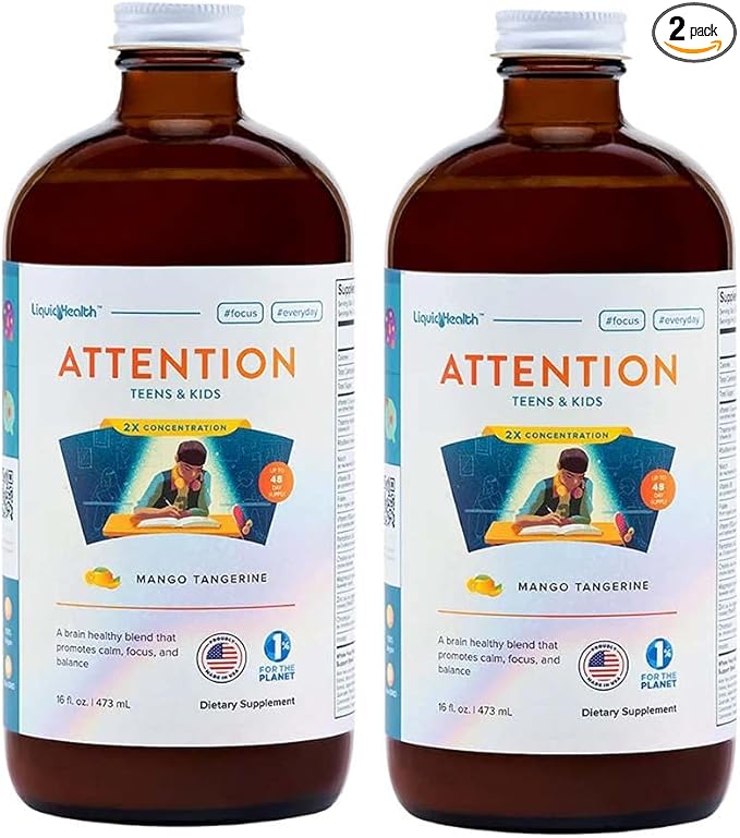 LIQUIDHEALTH Attention, Liquid Multivitamin for Kids & Teens - Improves Memory Retention, Concentration, Focus, Mood, Relaxation & Calming - Great Taste, Vegan, Sugar-Free (2 Pack)