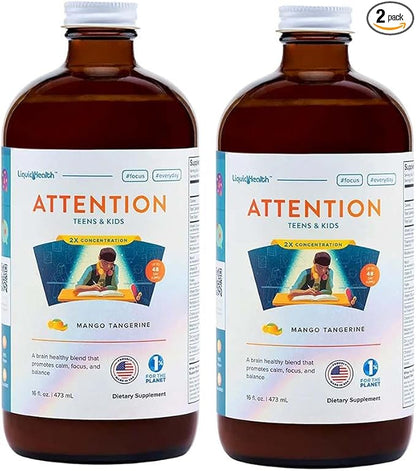 LIQUIDHEALTH Attention, Liquid Multivitamin for Kids & Teens - Improves Memory Retention, Concentration, Focus, Mood, Relaxation & Calming - Great Taste, Vegan, Sugar-Free (2 Pack)