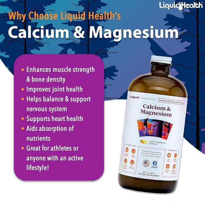 LIQUIDHEALTH Calcium & Magnesium Adult Liquid Vitamin Supplement - Bone, Joint, Muscle, Connective Tissue Support, Heart Health, Essential Nutrients - Great Taste, Vegan, Non GMO, Sugar-Free (2 Pack)