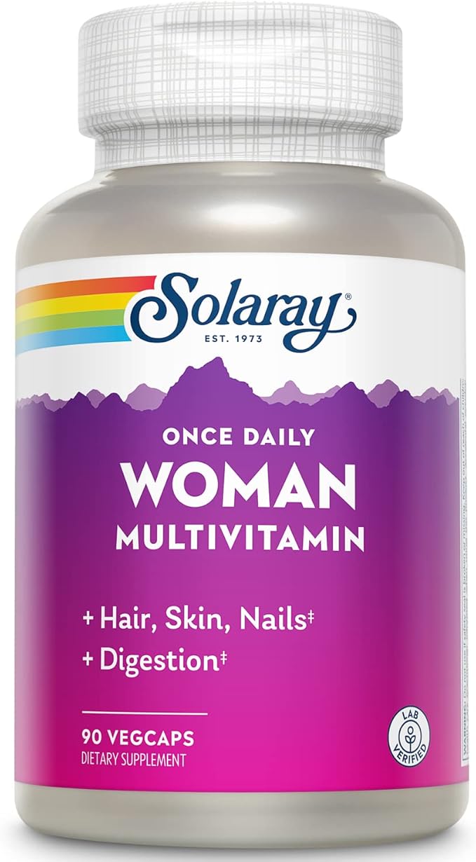 Solaray Once Daily Woman Multivitamin with Iron, Womens Multivitamin with Hair, Skin & Nails Blend, Enzyme Blend & Whole Food Base, Healthy Energy, Immune & Digestion Support, 90 Servings, 90 VegCaps