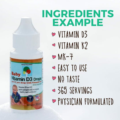Raise Them Well- Vitamin D and K Drops for Bone and Teeth Health, 365 Servings, 0.36 fl/oz