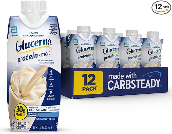 Glucerna Protein Smart Shake, Diabetic Drink to Support Blood Sugar Management, 30g Protein, 150 Calories, Vanilla, 11-fl-oz Bottle, 12 Count