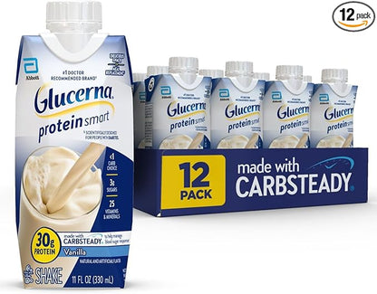 Glucerna Protein Smart Shake, Diabetic Drink to Support Blood Sugar Management, 30g Protein, 150 Calories, Vanilla, 11-fl-oz Bottle, 12 Count