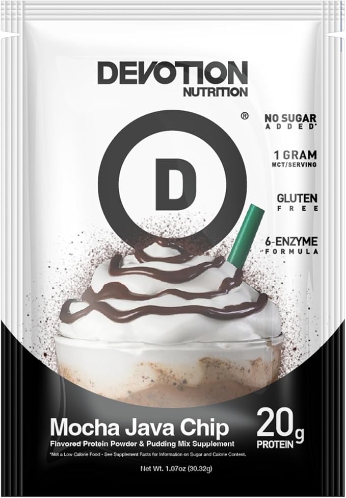 Devotion Nutrition Protein Powder Blend | Gluten Free, Keto Friendly, No Added Sugars | 1g MCT | 20g Whey & Micellar Protein | 12 Count Packets (Mocha Java Chip)