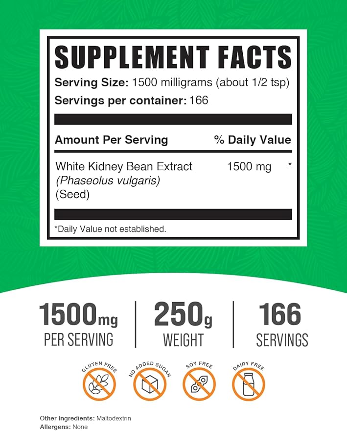 BulkSupplements.com White Kidney Bean Extract Powder - White Kidney Bean Powder, Herbal Supplement - Gluten Free, 1500mg per Serving, 250g (8.8 oz) (Pack of 1)