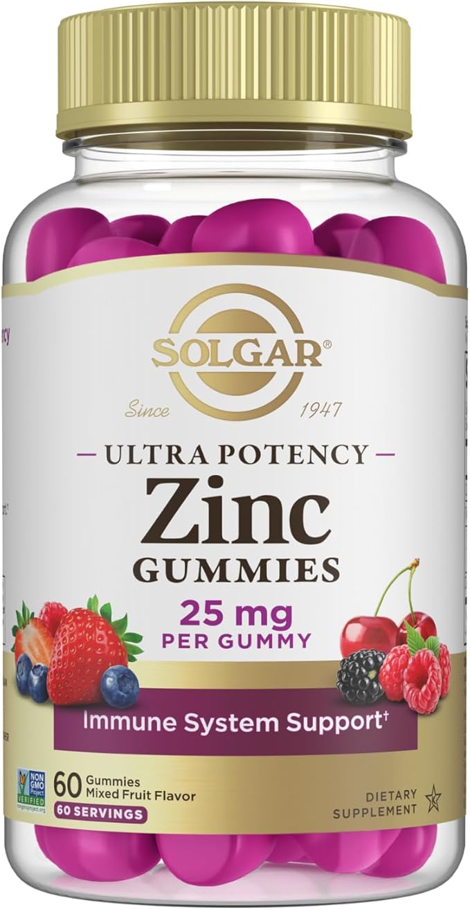 Solgar Zinc Gummies Adult Vitamin with 25mg Ultra Potency Zinc Citrate for Immune Support - Mixed Fruit Flavor, Vegan, Kosher & Gluten Free Gummy Supplements for Women & Men, 2g Sugar, 60 Servings
