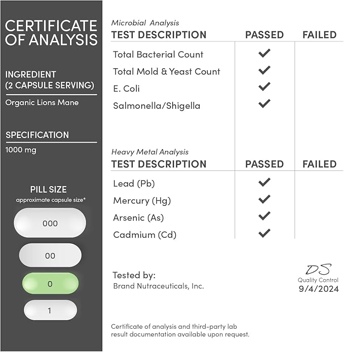 Lions Mane Supplement Mushroom Capsules (Two Month Supply - 120 Count) Lions Mane Mushroom for Brain Support and Immune Health (Third Party Tested, Grown and Encapsulated in The USA) by Double Wood