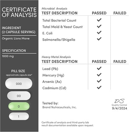 Lions Mane Supplement Mushroom Capsules (Two Month Supply - 120 Count) Lions Mane Mushroom for Brain Support and Immune Health (Third Party Tested, Grown and Encapsulated in The USA) by Double Wood