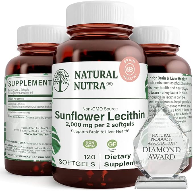Natural Nutra Sunflower Lecithin 2000 mg Supplement – Soy Free, Non-GMO, Gluten-Free 120 Softgels | Liver Function Support, Brain Health Booster, Memory & Focus Enhancement