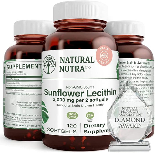 Natural Nutra Sunflower Lecithin 2000 mg Supplement – Soy Free, Non-GMO, Gluten-Free 120 Softgels | Liver Function Support, Brain Health Booster, Memory & Focus Enhancement