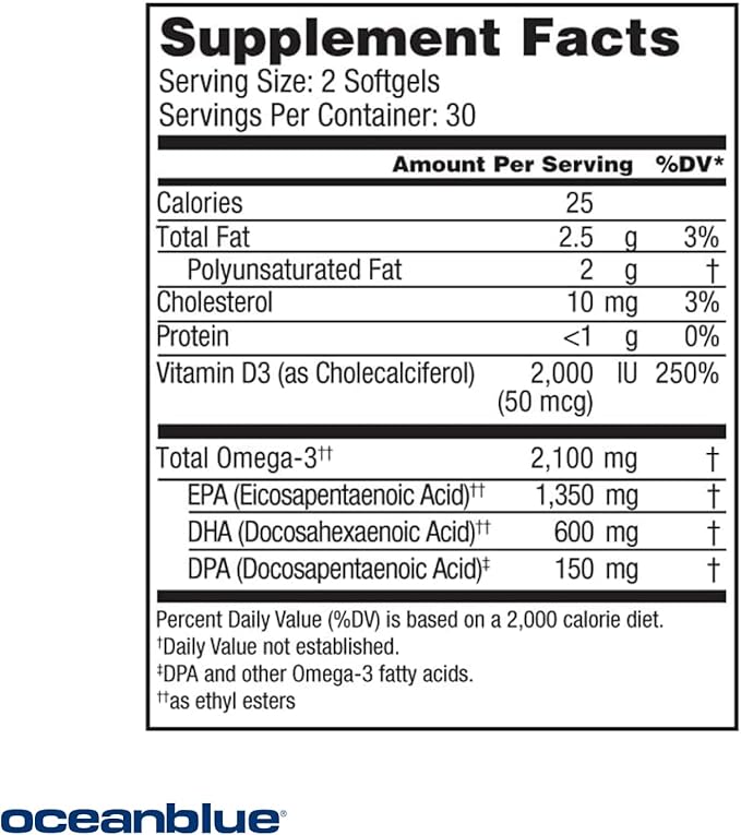 Oceanblue Professional Omega-3 2100 – 180 ct – Triple Strength Burpless Fish Oil Supplement with High-Potency EPA, DHA, DPA and Vitamin D3 – Wild-Caught – Vanilla Flavor (90 Servings)