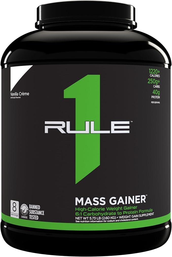 Rule One Proteins, R1 Mass Gainer - Vanilla Crème, High-Calorie Weight Gain Formula with 1,220+ Calories, 250g+ Complex Carb Blend, 40g All-Whey Protein, 8g Fat Per Serving, 6 Pounds, 8 Servings