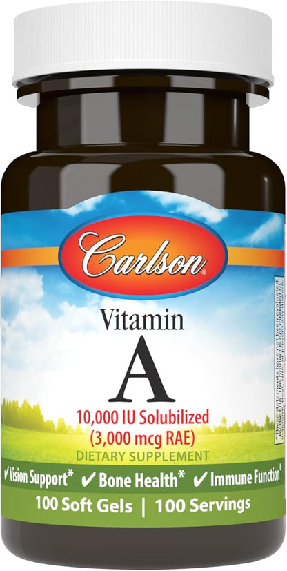 Carlson - Vitamin A Solubilized, 10000 IU (3000 mcg RAE), Water Soluble, Vision Health, 100 Softgels
