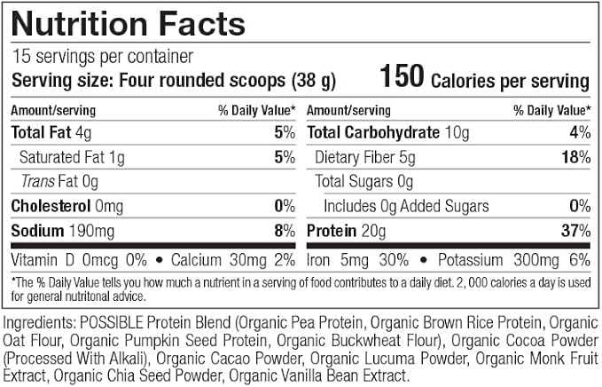 Possible Protein Powder Chocolate Cacao - 20g of Vegan, Plant-Based Protein Mix - Non-GMO, Non-Dairy, Gluten-Free - 3.5g of BCAAs - 9 Essential Amino Acids - 15-Day Supply - 1 Bag, 15 Servings