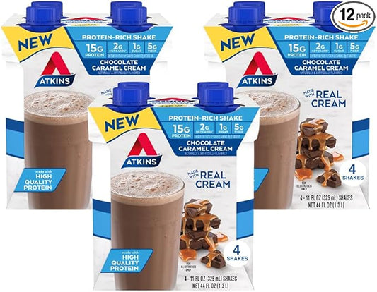 Atkins Protein Rich Shake, Chocolate Caramel Cream, 15g Protein, Low Glycemic, 2g Net Carbs, 1g Sugar, Low Carb Lifestyle, Gluten Free, 12 count
