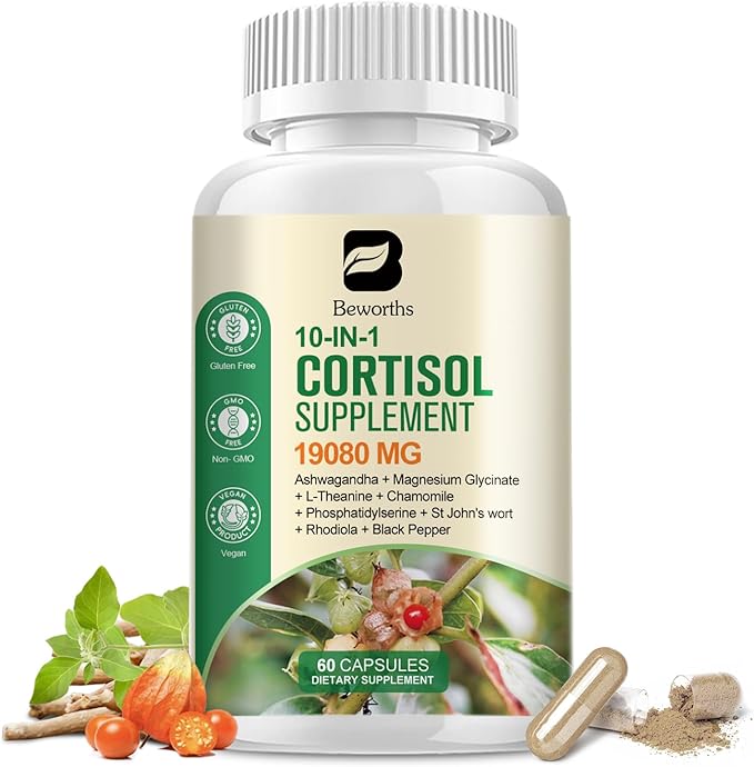Cortisol Supplement, 10-in-1 Cortisol Reducer Manager Supplements for Women with Ashwagandha, Magnesium Glycinate, L-Theanine, Rhodiola, Calm Zzz & Mood Support, Non-GMO, 60 Vegan Capsules