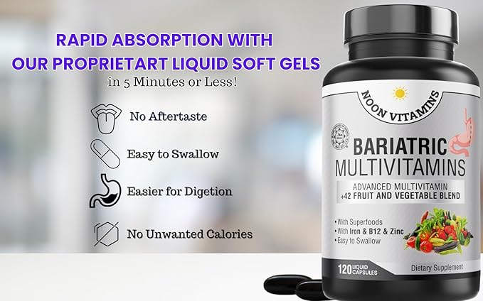 Bariatric Multivitamin with Iron for Women & Men All-in-One 42 Superfood Blend for Post-Surgery Easy-to-Swallow -2-Month Supply (- Superfood Blend for Energy, Halal - Made in USA (120 Capsules)
