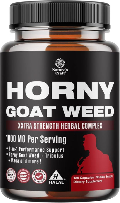 Horny Goat Weed for Male Enhancement - Extra Strength Horny Goat Weed for Men 1000mg Complex with Tongkat Ali Saw Palmetto Extract Panax Ginseng and Black Maca Root for Stamina & Energy - 90 Servings