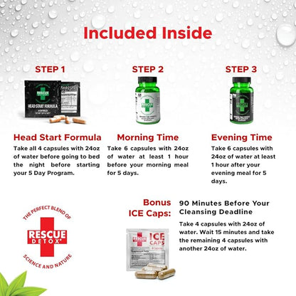 Rescue Detox 5 Day Permanent Detox Kit - 72ct Capsules | Comprehensive Full Body Cleanse with Bonus Instant ICE Caps