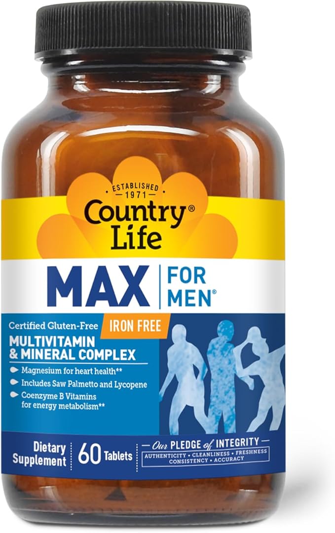 Country Life Max for Men, Multivitamin & Mineral Complex, Iron-Free, Vegetarian Tablets, 60 Count, Certified Gluten Free, Certified Vegetarian