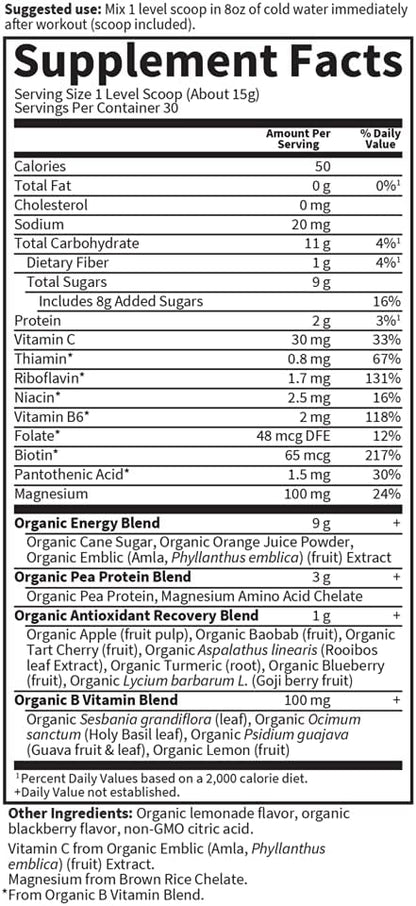 Garden of Life Sport Vegan Organic Plant Based Post Workout Muscle Recovery Powder for Men & Women - BlackBerry Lemonade 30 Servings, 100mg Magnesium, Antioxidants, Supplements, 15.7 Oz