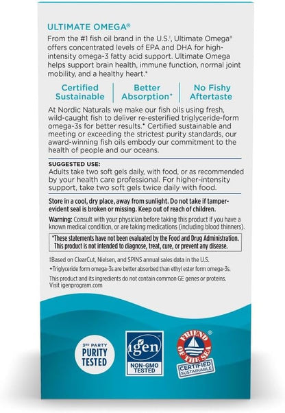 Nordic Naturals Ultimate Omega, Lemon Flavor - 60 Soft Gels - 1280 mg Omega-3 - High-Potency Omega-3 Fish Oil Supplement with EPA & DHA - Promotes Brain & Heart Health - Non-GMO - 30 Servings