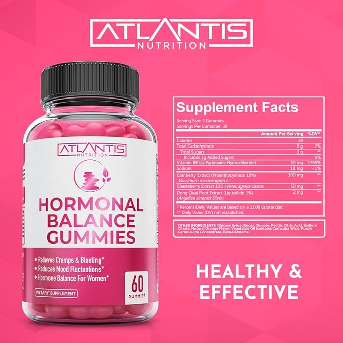 Hormonal Balance For Women & PMS Relief Gummies - Alleviates Cramps, Bloating, Mood Swings, Hot Flashes & Night Sweats - Formulated With Cranberry, Dong Quai & Chasteberry - Menstrual Cramp Relief