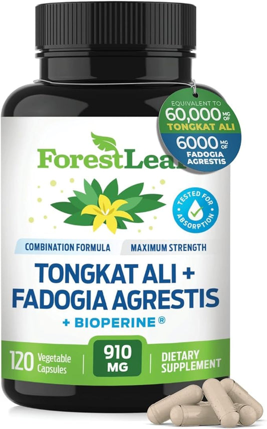 ForestLeaf Tongkat Ali + Fadogia Agrestis Supplement with BioPerine - Maximum Strength 200:1 Extract - 300g Longjack Tongkat Ali for Men or Women - Test, Muscle and Strength Support - 120 Capsules