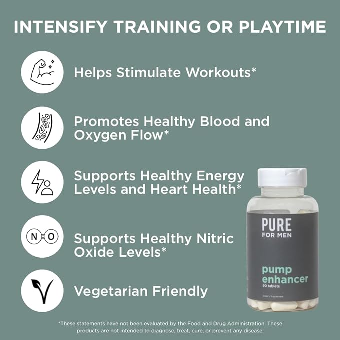 Pure for Men Pump Enhancer | Pre Workout Supplement for Muscle Pump, Stamina and Increased Blood Flow | Nitric Oxide Booster with L-Arginine & L-Citrulline | Focus and Energy Support | 90 Count