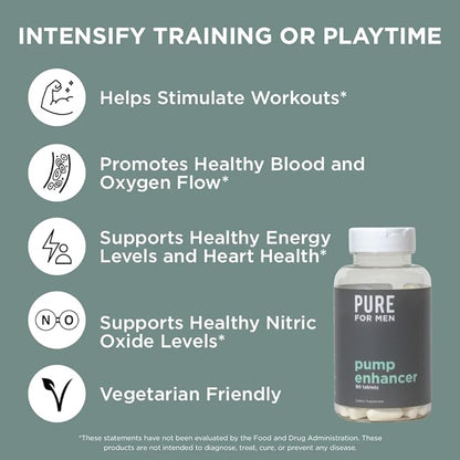 Pure for Men Pump Enhancer | Pre Workout Supplement for Muscle Pump, Stamina and Increased Blood Flow | Nitric Oxide Booster with L-Arginine & L-Citrulline | Focus and Energy Support | 90 Count
