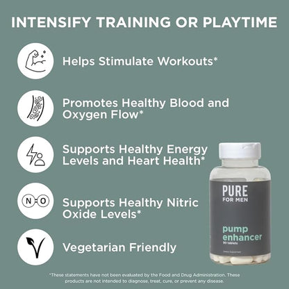 Pure for Men Pump Enhancer | Pre Workout Supplement for Muscle Pump, Stamina and Increased Blood Flow | Nitric Oxide Booster with L-Arginine & L-Citrulline | Focus and Energy Support | 90 Count