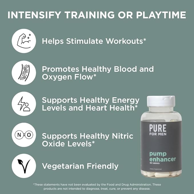 Pure for Men Pump Enhancer | Pre Workout Supplement for Muscle Pump, Stamina and Increased Blood Flow | Nitric Oxide Booster with L-Arginine & L-Citrulline | Focus and Energy Support | 90 Count