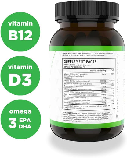 vedge Vegan Omega 3 - Daily Multivitamin Contains Vitamin D, Vitamin B12, Algal Oil for Vegan EPA & DHA - Natural Vitamins, Minerals - 30 Day Supply Nutrition Essential