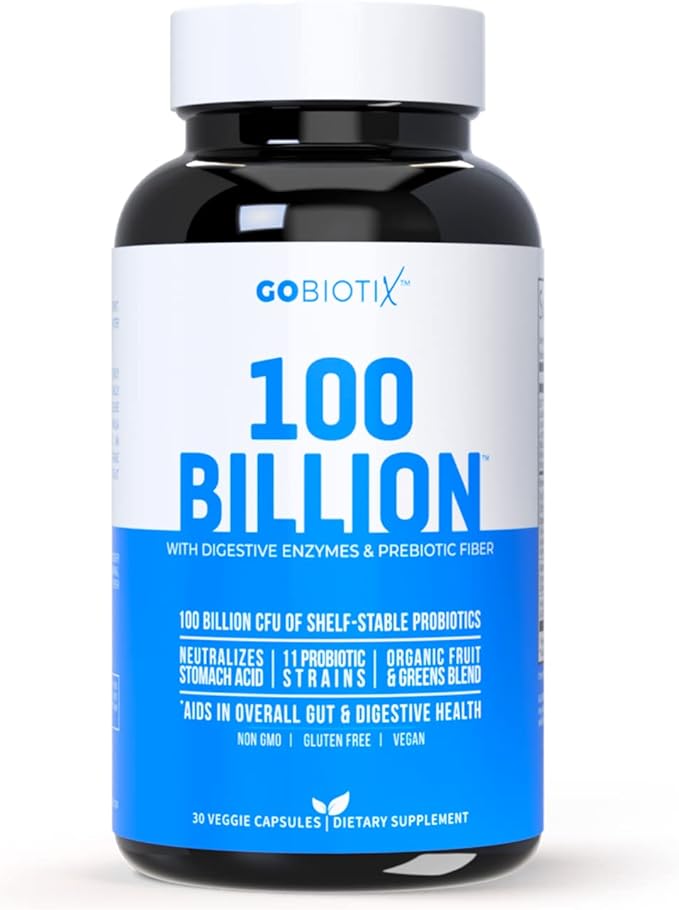 GOBIOTIX 100 Billion - Probiotics and Prebiotics Supplement Pills - Digestive Enzymes and Prebiotic Fiber Blend - 100 Billion CFU - Organic Fruit and Greens Blend - Vegan, Non GMO - 30 Capsules