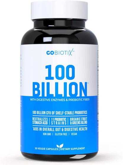 GOBIOTIX 100 Billion - Probiotics and Prebiotics Supplement Pills - Digestive Enzymes and Prebiotic Fiber Blend - 100 Billion CFU - Organic Fruit and Greens Blend - Vegan, Non GMO - 30 Capsules