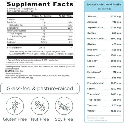 Ancient Nutrition Grass Fed Whey Protein, Vanilla Bean, 23g Protein, 20 Servings, Hydrolyzed Collagen Peptides, Organic Regenerative A2/A2 Milk Protein