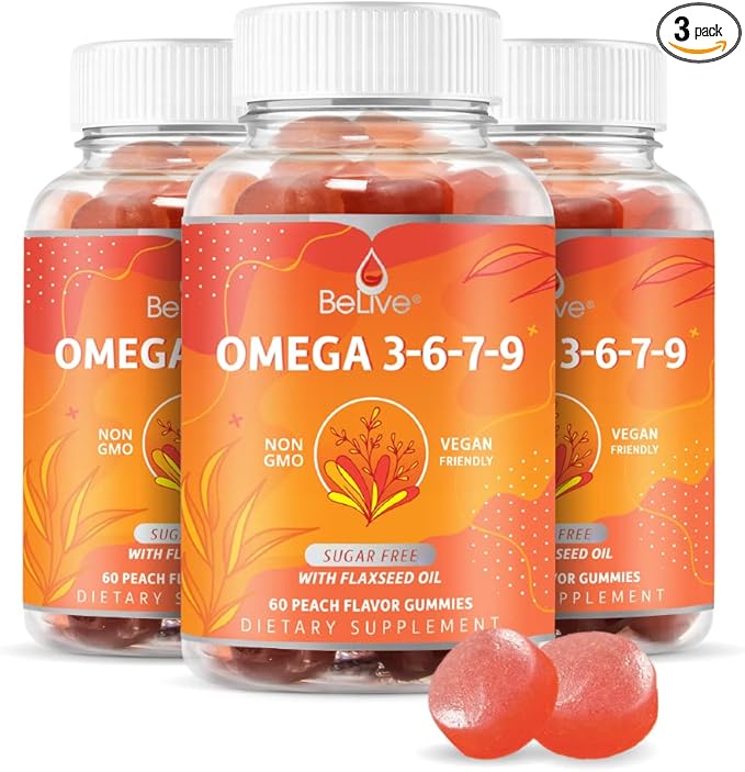 BeLive Organic Omega 3 Gummies - Omega 3 6 9 7 DHA & EPA from Flaxseed Oil & Sea Buckthorn Fruit Oil, Vegan Omega 3 for Kids & Adults, Full Body, Brain & Eye Support, Sugar Free – Peach | 3-Pack