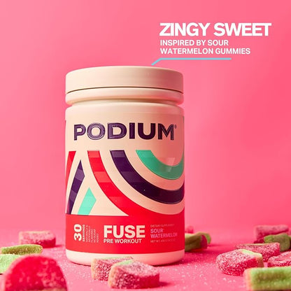 Podium Nutrition, Fuse Pre Workout Powder, Sour Watermelon, 30 Servings, Beta Alanine and Caffeine for Energy, Gluten Free, Soy Free, Dairy Free