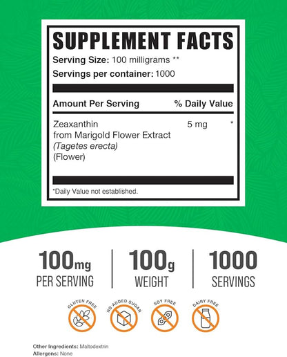 BulkSupplements.com Zeaxanthin Powder - Zeaxanthin Supplements, from Marigold Flower Extract - Gluten Free, 100mg (Zeaxanthin 5mg) per Serving, 100g (3.5 oz) (Pack of 1)