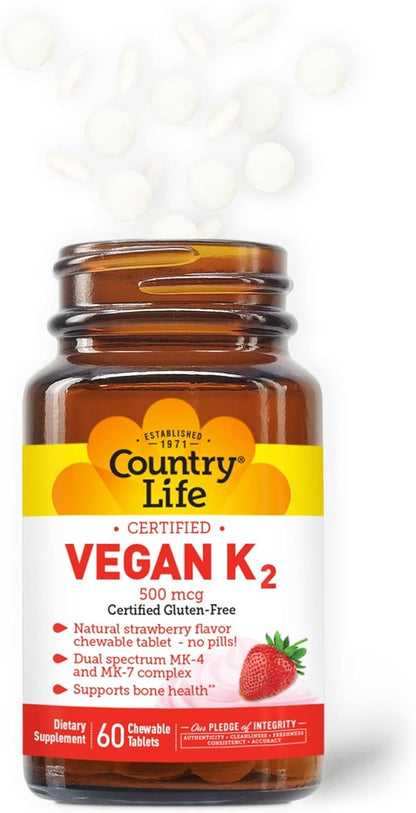 Country Life Vegan Vitamin K2, 500 mcg, Dual Spectrum MK-4 and MK-7 Complex, Supports Bone & Teeth Health, 60 Chewable Tablets, Strawberry Flavor