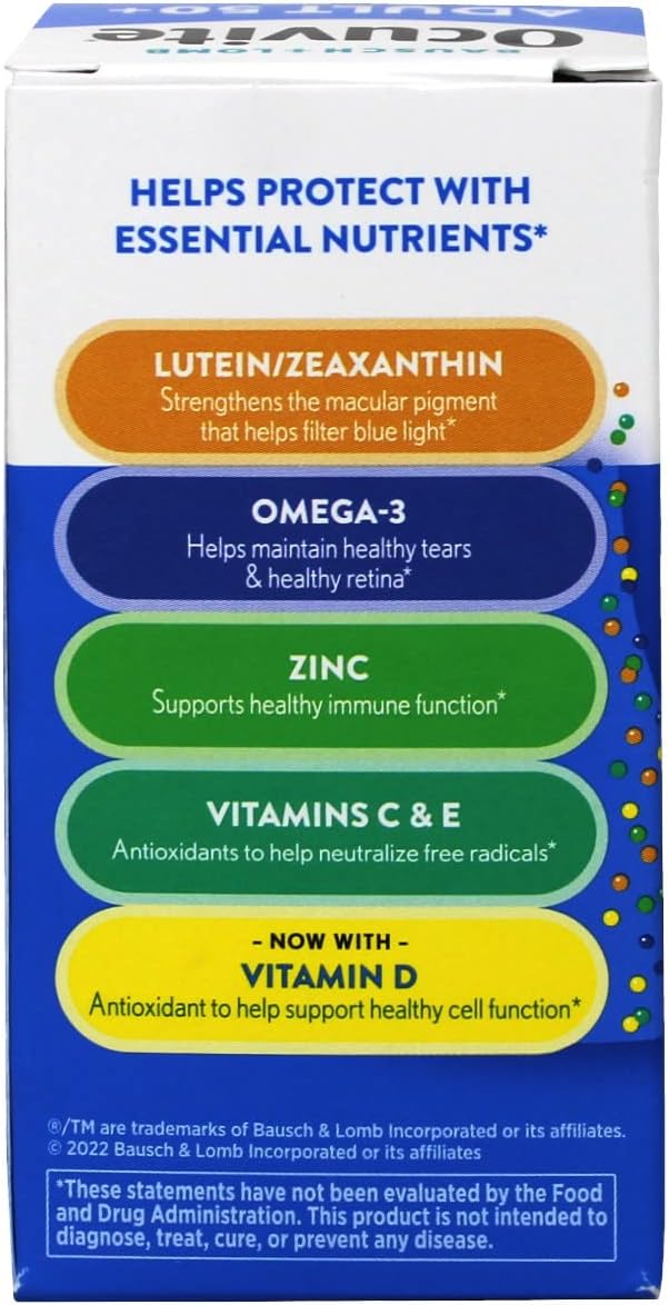 Ocuvite Eye Vitamin & Mineral Supplement, Contains Zinc, Vitamins C, E, Omega 3, Lutein, & Zeaxanthin, Bausch & Lomb Ocuvite Adult 50+ Eye Vitamin & Mineral Softgels, 50 Count (Packaging May Vary)