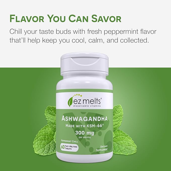 EZ Melts Dissolvable KSM-66 Ashwagandha®, 300 mg, Sugar-Free, Stress, Sleep and Mood Support Supplement, 30-Day Supply, Peppermint Chill-Flavor