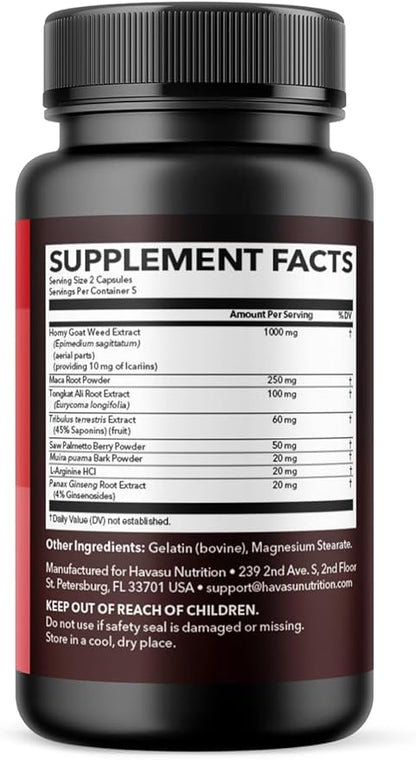 Unisex Horny Goat Weed for Men and Women - Extra Strength Performance and Energy Support with Tongkat Ali & Muira Puama & Saw Palmetto Extract - Never Travel Without Sample Size - 10 Horny Capsules
