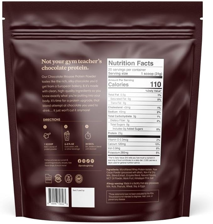 ProDough Gourmet Whey Isolate Hydrolized Protein Powder for Shake Mix- Easy Digest Enzyme Blend, 25g Protein per Serving, Natural Ingredients, Gluten Free, Keto Friendly (Chocolate Mousse)