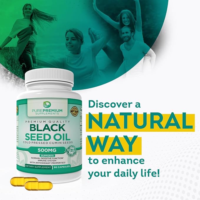 PurePremium Black Seed Oil 500mg - Organic Nigella Sativa Seeds - Cold Pressed Black Cumin Seed Oil Extract - Hair & Skin Blackseed Oil Supplement for Men and Women - 3 Months Supply - 90 Capsules