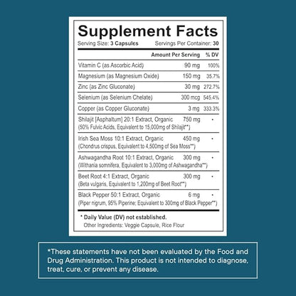 Shilajit Pure Himalayan Organic Capsules 15000mg with Irish Sea Moss, Ashwagandha, Copper, Beet Root - Fulvic Acid Trace Minerals Supplement for Men & Women - 90 Count, Non-GMO, Gluten-Free